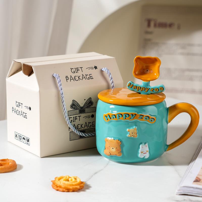 Creative High Value Ceramic Cup with Lid for Home Cute Couple Water Cup Gift Box High End Souvenir Gift Mug