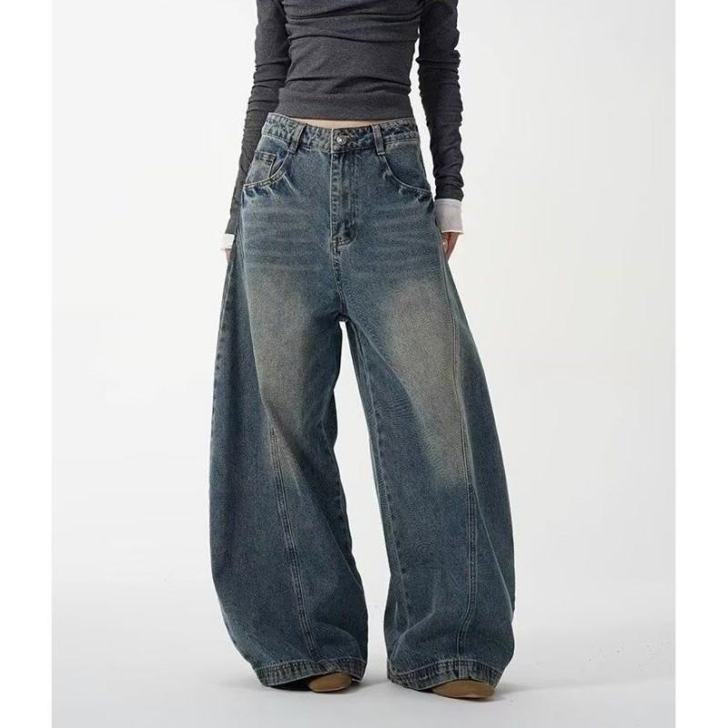 Womens High-Waisted Wide-Leg Denim Pants Loose Fit Vintage Style Fall