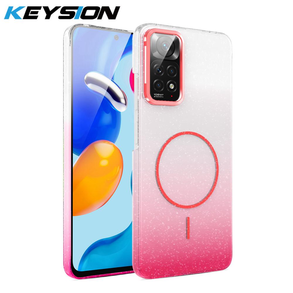 KEYSION Luxuriöse magnetische Handyhülle mit Farbverlauf und Glitzer für Redmi Note 11 11S 4G 11 Pro 5G Transparente stoßfeste Hart-PC-Rückseite
