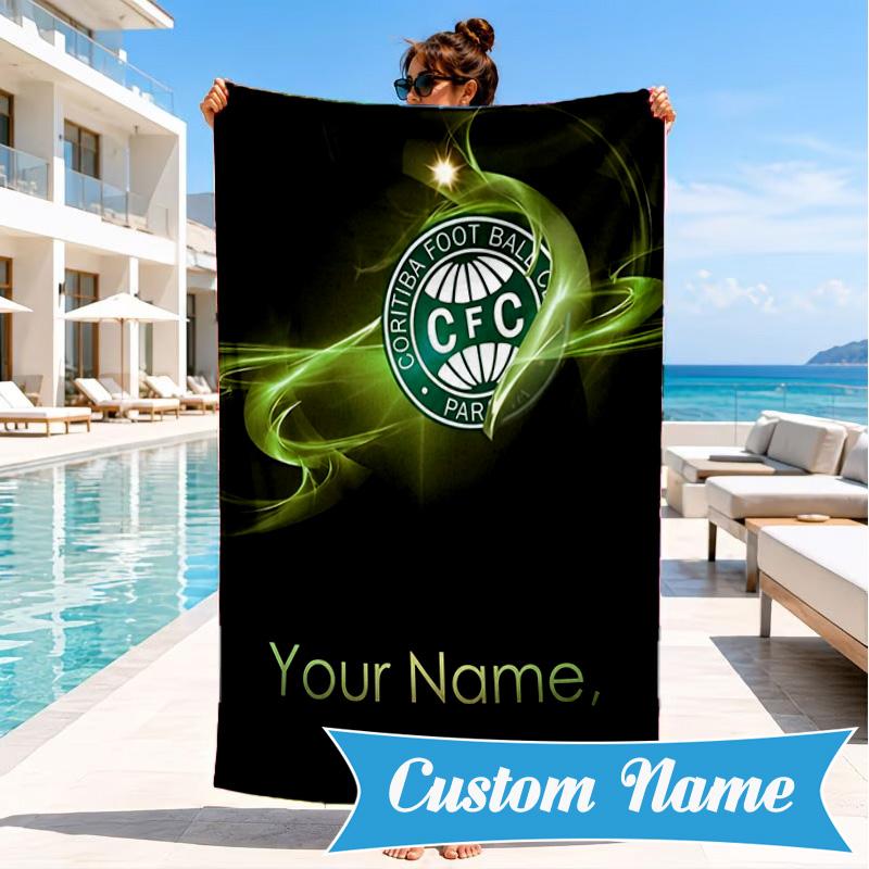 Custom Name Coritiba Football Club Emblem Personalized Microfiber Beach Towel, Quick-Dry, Ideal for Summer Travel, Beach Essential, Swimming