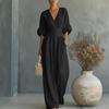 2026 Damen Deep V-Ausschnitt Taillengebunden Weiter Bein Jumpsuit Set