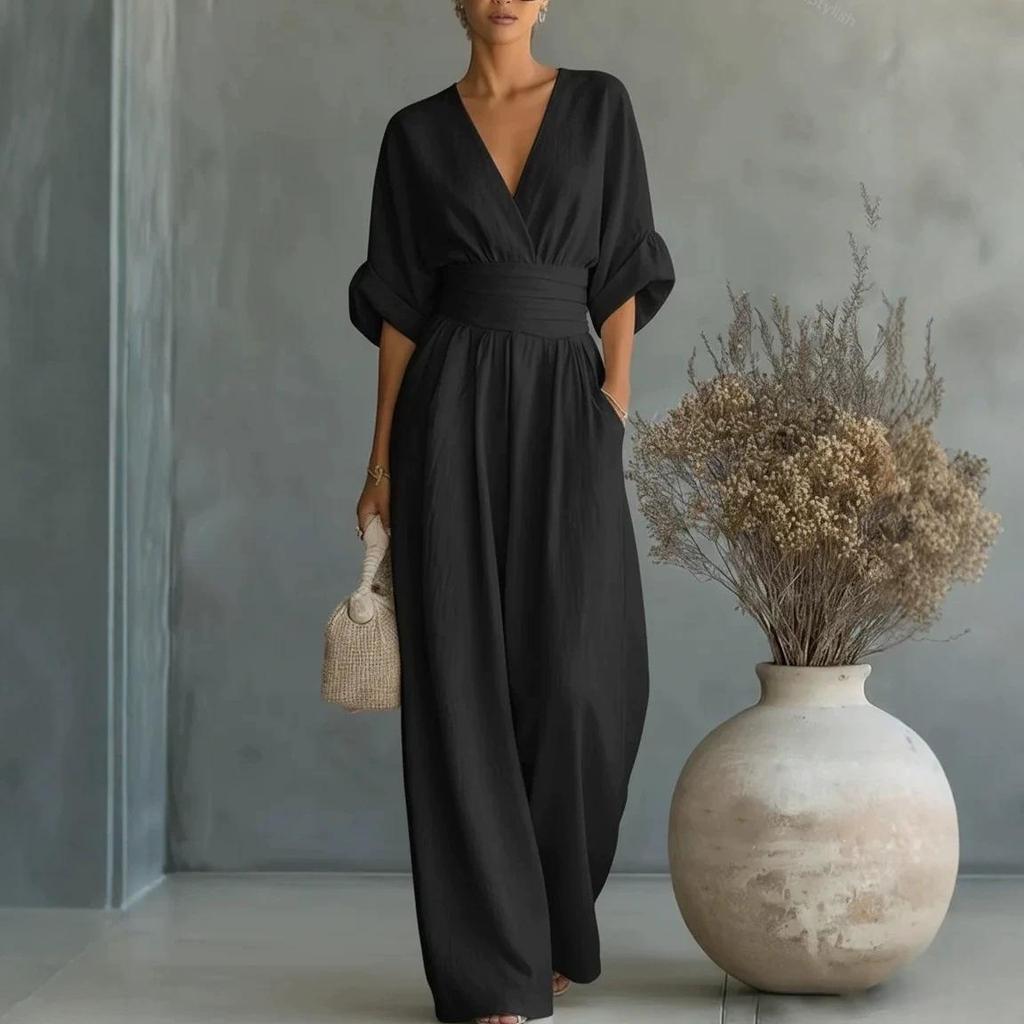 2026 Damen Deep V-Ausschnitt Taillengebunden Weiter Bein Jumpsuit Set