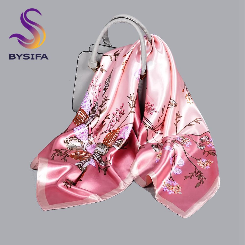 BYSIFA| Blue Floral Silk Scarf Hijab Ladies Fashion Sweet Square Spring Summer Scarves Fouldard Fall Winter Square Satin Scarves