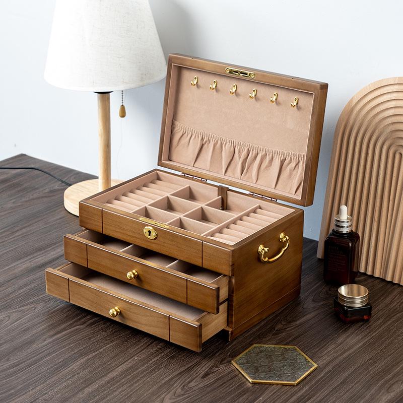 Exquisite Vintage Solid Wood Jewelry Box with Lock for Necklaces, Earrings, and Rings