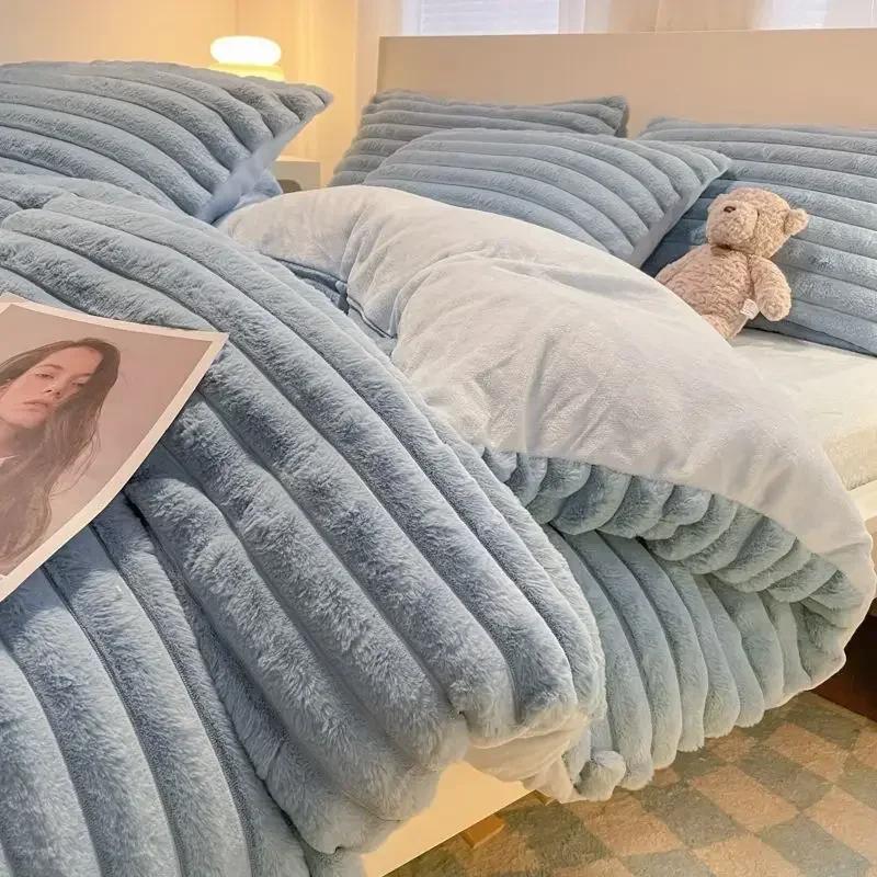 1.2M Bed Winter Plush Four Piece Set Double Sided AB Style Comfortable Keep Warm Quilt Cover Dormitory 3-piece Bed Sheet Set