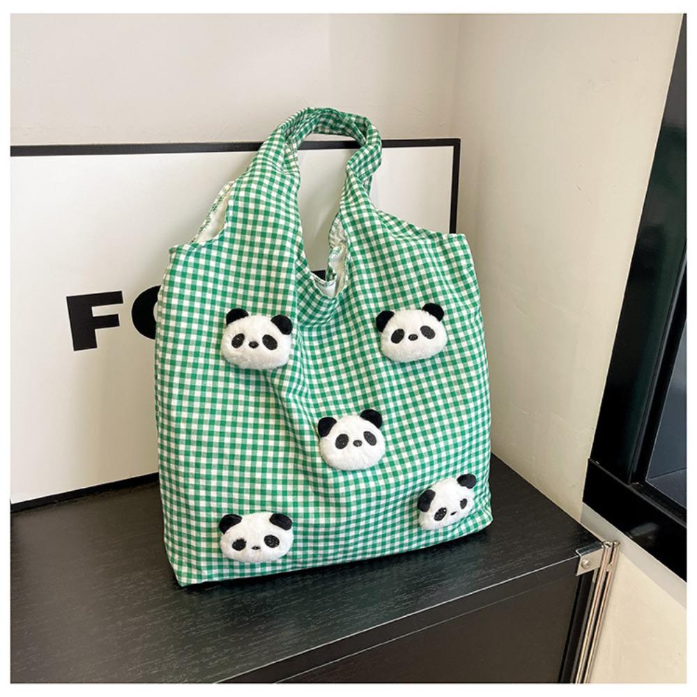 Cartoon Canvas Shopping Bag Panda Doll Office Worker Handbag Plaid Shoulder Bags  Students