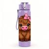 1PC Highland Cow Pink Bow Pattern 750ml Color Plastic Sports Water Bottle Leakproof Flip Straw Lid Suitable for Sports Office Home Use