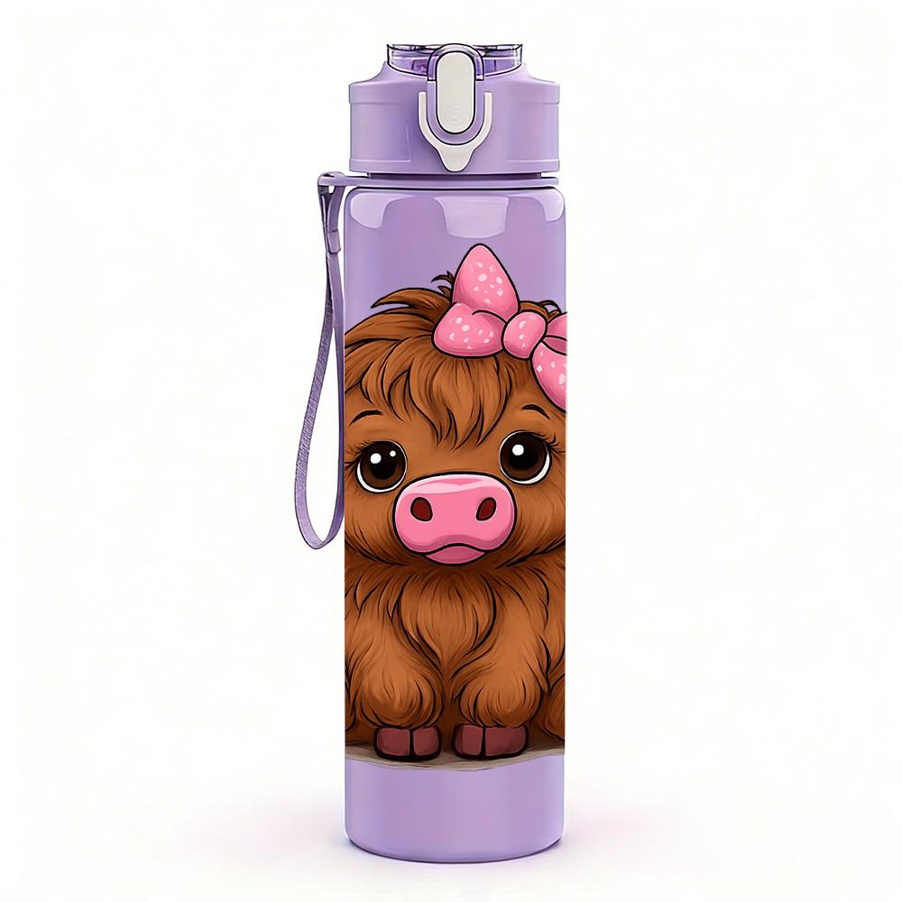 1PC Highland Cow Pink Bow Pattern 750ml Color Plastic Sports Water Bottle Leakproof Flip Straw Lid Suitable for Sports Office Home Use