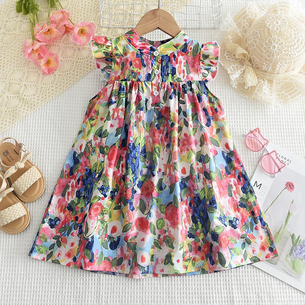Summer Girls Monet Oil Painting Dress Flutter Sleeve Contrast A Line Printed Dress For Kids 90cm