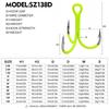 Glow-in-the-Dark Fluorescent Treble Hooks with Colored Reinforced Hair Ties and Three-Prong Design.