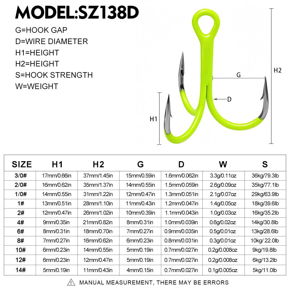 Glow-in-the-Dark Fluorescent Treble Hooks with Colored Reinforced Hair Ties and Three-Prong Design.