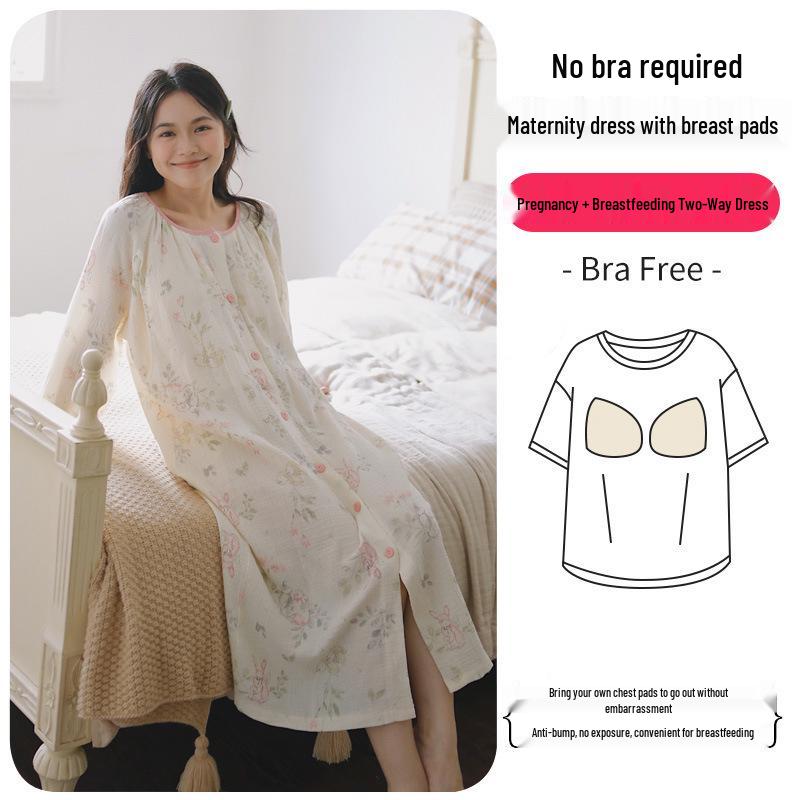 Umstandskleid aus reiner Baumwolle mit Brustpolstern - Leichter Frühlings-/Sommer-Postpartum-Still-Bademantel