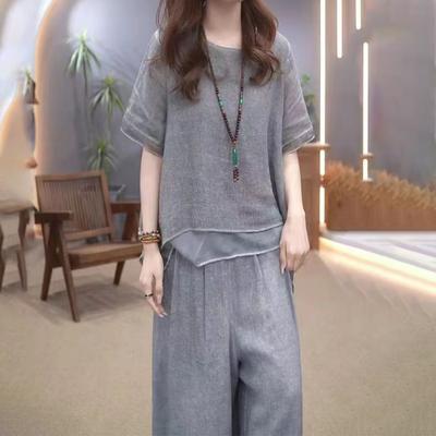 2 Pcs/Set Women Top Pants Set Round Neck Half Sleeves Irregular Hem Blouse Wide Leg Elastic Waist Wide Leg Trousers Daily Leisure Dating Outfit