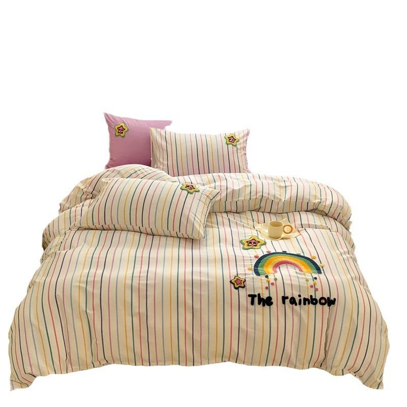 Washed Pure Cotton 4Pcs Set Cotton Towel Embroidered Quilt Cover Soft Skin-Friendly Bed Sheet Mattress