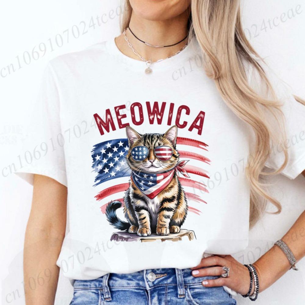 

Patriotic Meowica Cat Women s T-Shirt 4th of July Graphic Tee Shirts Casual Short Sleeve Hip Hop Streetwear Tops M
