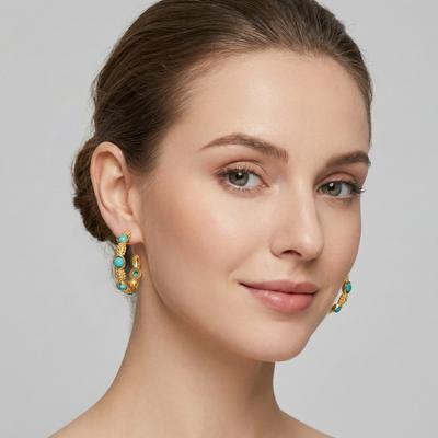 Fashion Boho Summer Turquoise Hoop Earrings for Women C-typ Eexaggeration Round Beads Green Stainless Steel Fashion Jewelry Gift