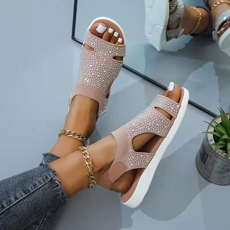 Nuovi Sandali Estivi da Donna moda Tessuto elastico volante Strass Casual Scarpe Piatte da Donna 2024 Scarpa da Spiaggia da Donna Taglia grande 36-43