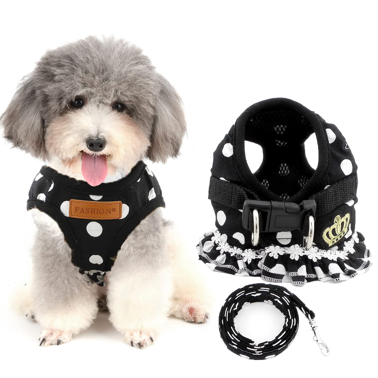 

Комплект шлейки и поводка RANPHY для очень маленьких и маленьких собак и кошек, милый гороховый узор с короной и оборкой, дышащий, (Черный л) чёрный