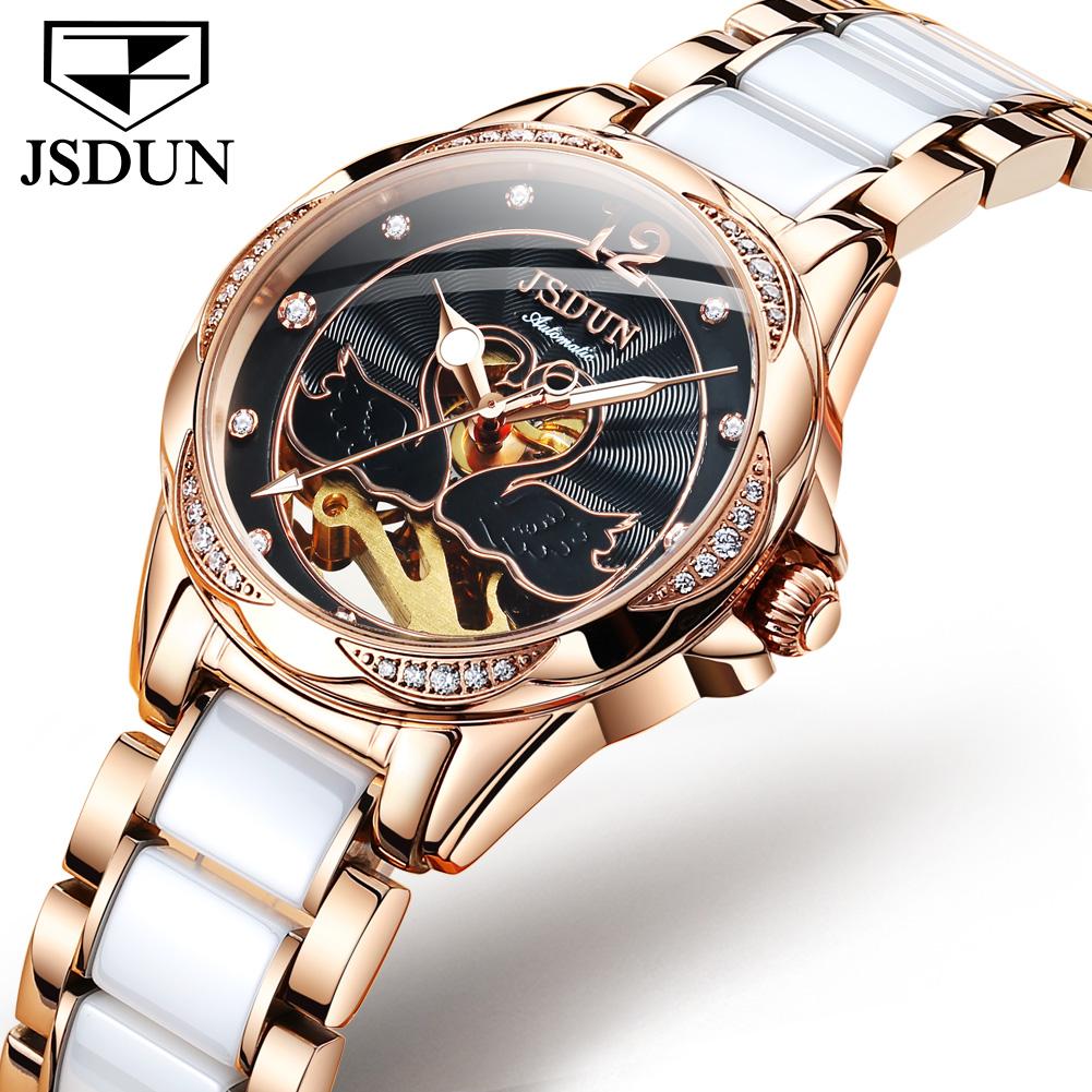 JSDUN 8831 Damenuhr Wasserdichte Automatische Mechanische Uhr Für Damen Keramik Stahlarmband Uhren Synthetisches Saphirglas