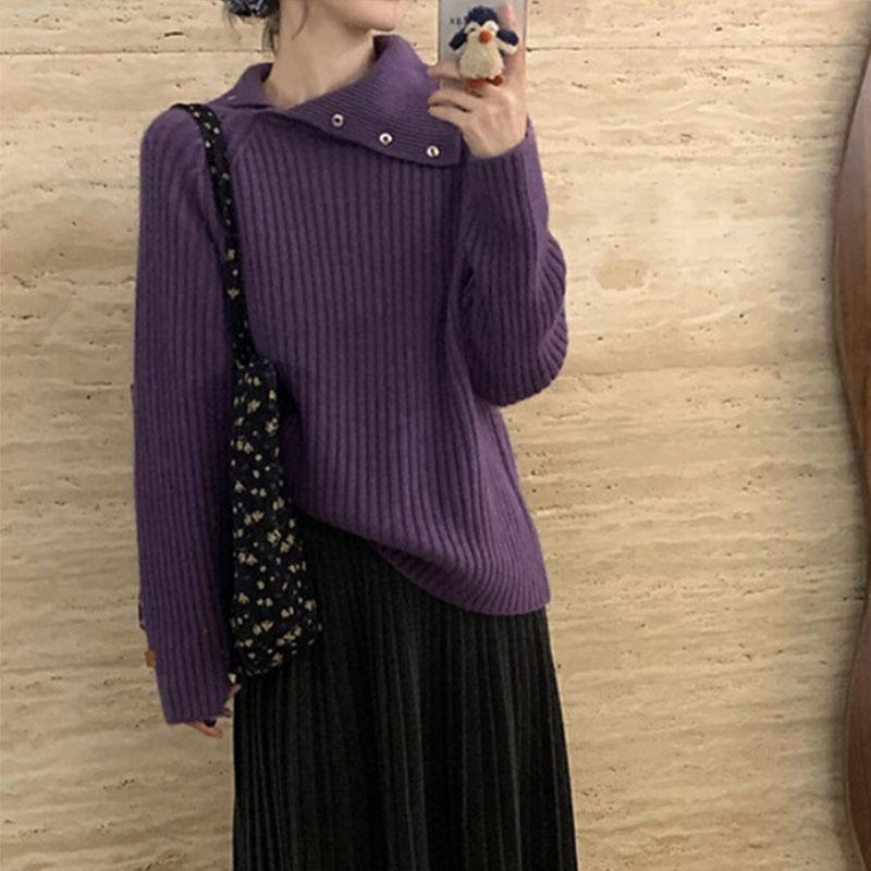 

Высоковоротный трикотажный свитер премиум-класса для женщин, который можно носить двумя способами, для осени и зимы, с чувством дизайна, простой и универсальный однотонный базовый свитер One size фиолетовый