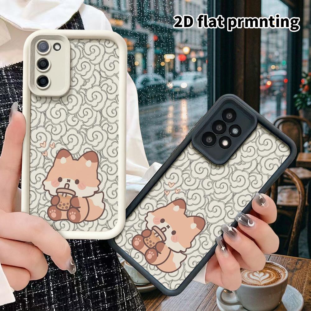 Phone Case: 2D Flat Samsung Galaxy A34 A35 M05 M06 S20 S22 S21 FE Plus 5G Protective Case, Little Fox Drinking Milk Tea, Christmas and Halloween Gifts