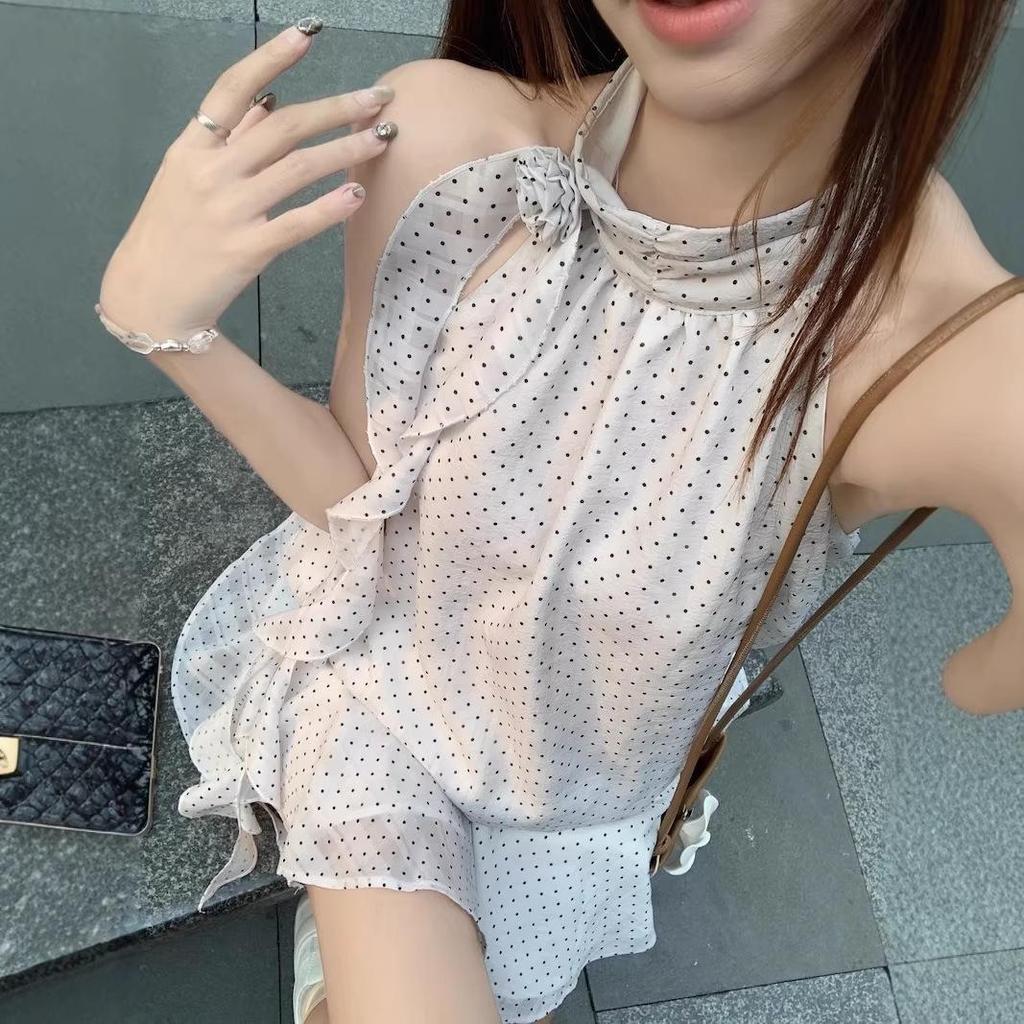French Chic Polka Dot Sleeveless Halter Dress - Trendy Summer Skirt for Women