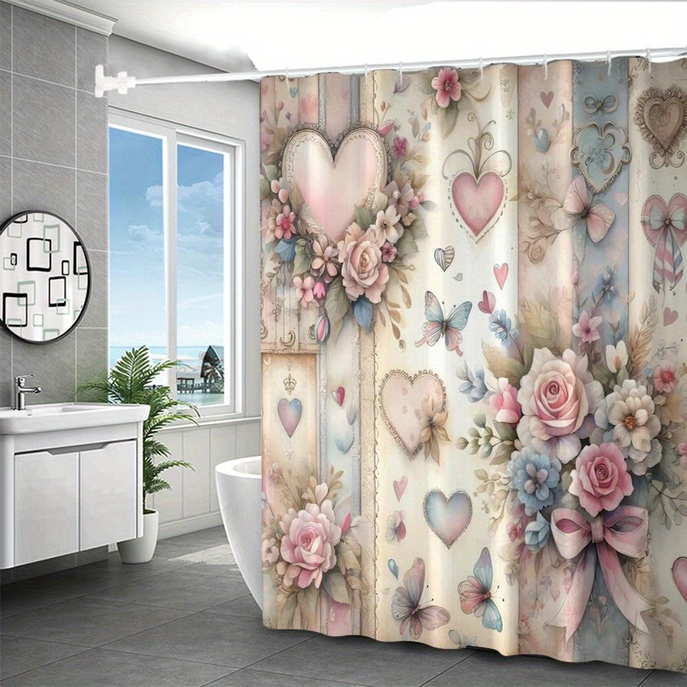 Valentinstag Blumen Schmetterling Herz Muster Polyester Duschvorhang - mit Rosa Rosen, Glockenblumen und Grünen Blättern