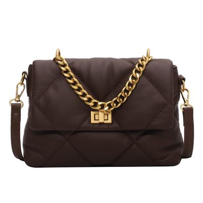 Autumn and Winter Textured Rhombus Messenger Bag, Large Bag with Soft Leather Chain, Brown.