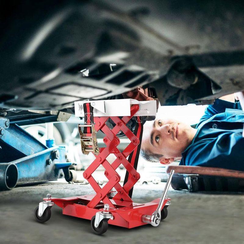 Compact 450 lbs Capacity Transmission Jack, Adjustable Height 7-23, 4-Wheel Auto Lifting Jack with Safety Straps