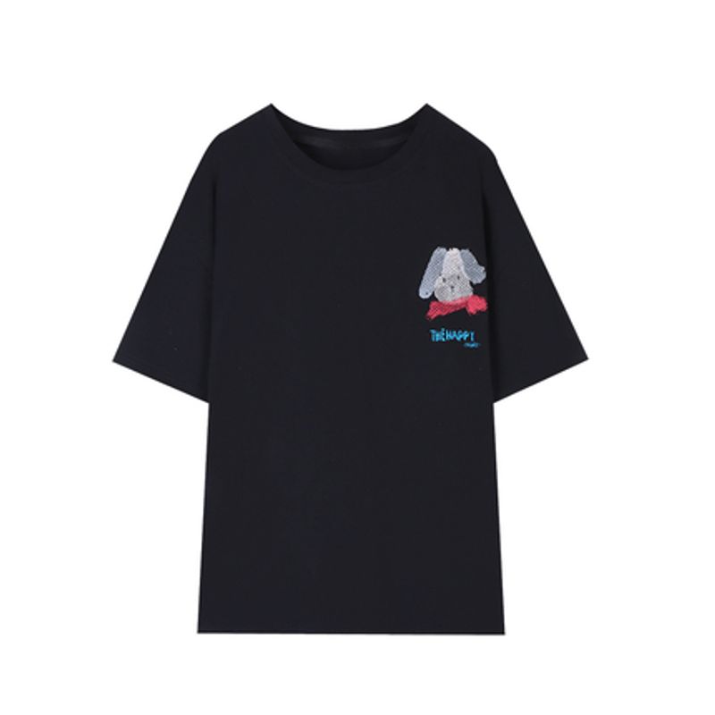 Idle Style Cartoon Letter Print Short-Sleeved T-shirt Women's Summer Niche Style Casual Loose Easiest for Match Black Tops Ins Fashion