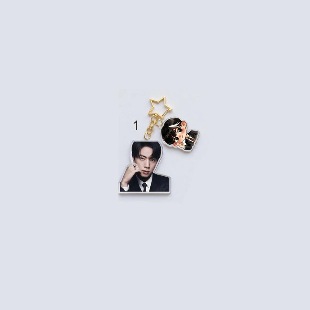 BTS Double-Charm Keychain, Bangtan Boys Photo & Cartoon Suit Figure Keyring with Star Hook, Kpop Idol Bag Pendant for ARMY Fans