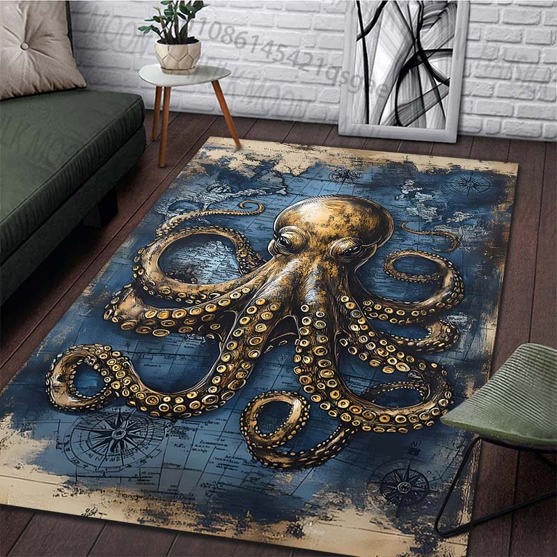 Multiple Sizes Vintage Octopus Map Background Carpet for Living Room Bedroom Sofa Home Decor Rus Non-slip Floor Mat Luxury Gift