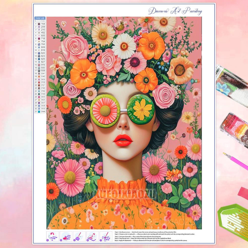 Full Diamond Painting Beauty Girl Flowers Abstract Art Diamond Mosaic Embroidery Rhinestone Cross Stitch Kit Home Wall Decor
