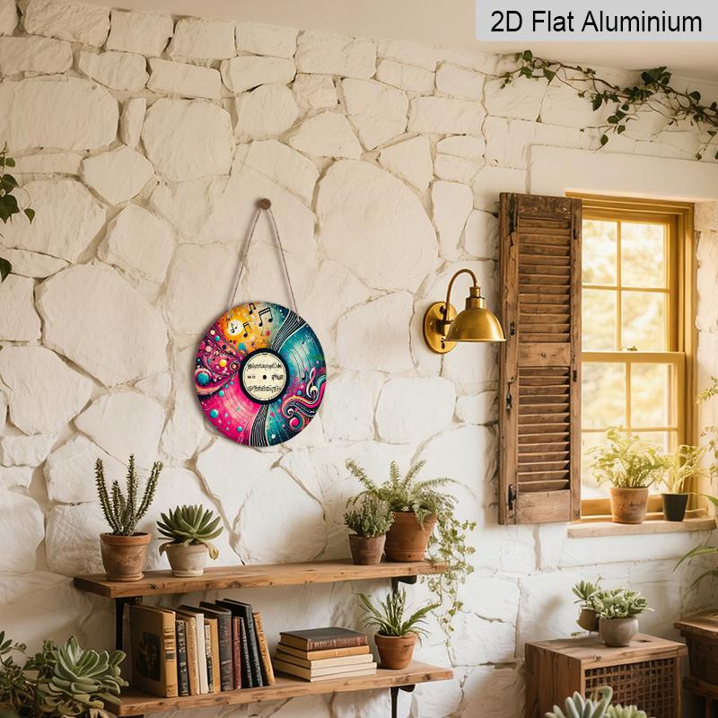 2D Flat, 1pc Vibrant Vinyl Record Round Aluminum Metal Sign, Abstract Music Notes & Swirl Art Design, Durable Weatherproof Wall Decor, Perfect for