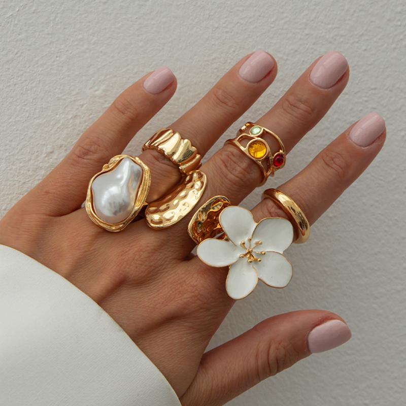 Ingemark 6Pcs/Set Vintage Flower Open Rings for Women 2026 New Fashion Boho Imitation Pearl Crystal Ring Y2K Bridal Jewelry Gift