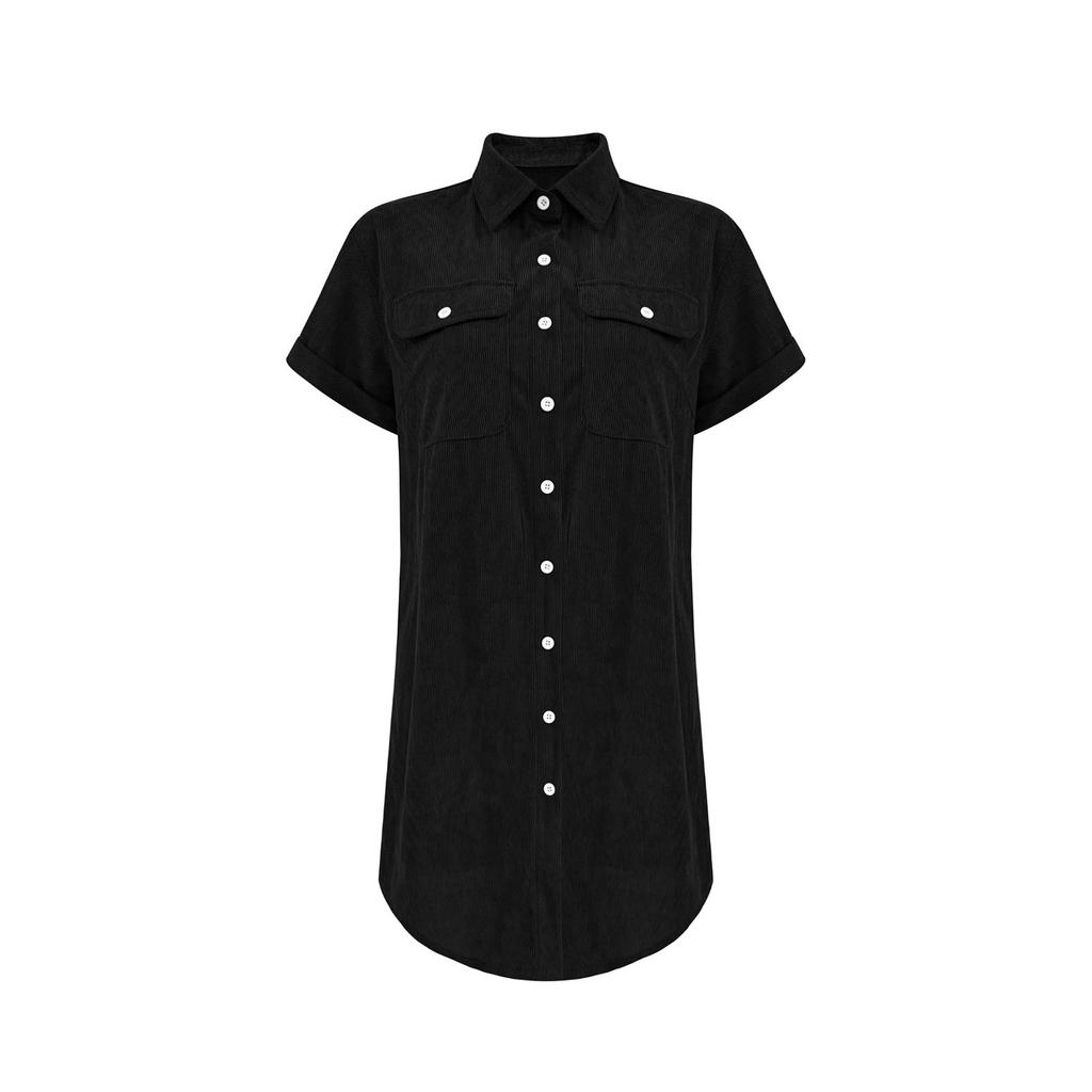 Vestito Chemise in Velluto a Coste Casual Vintage Vestibilità Larga Manica Corta Slim Collo a Revers Bottoni Vestito Corto da Donna