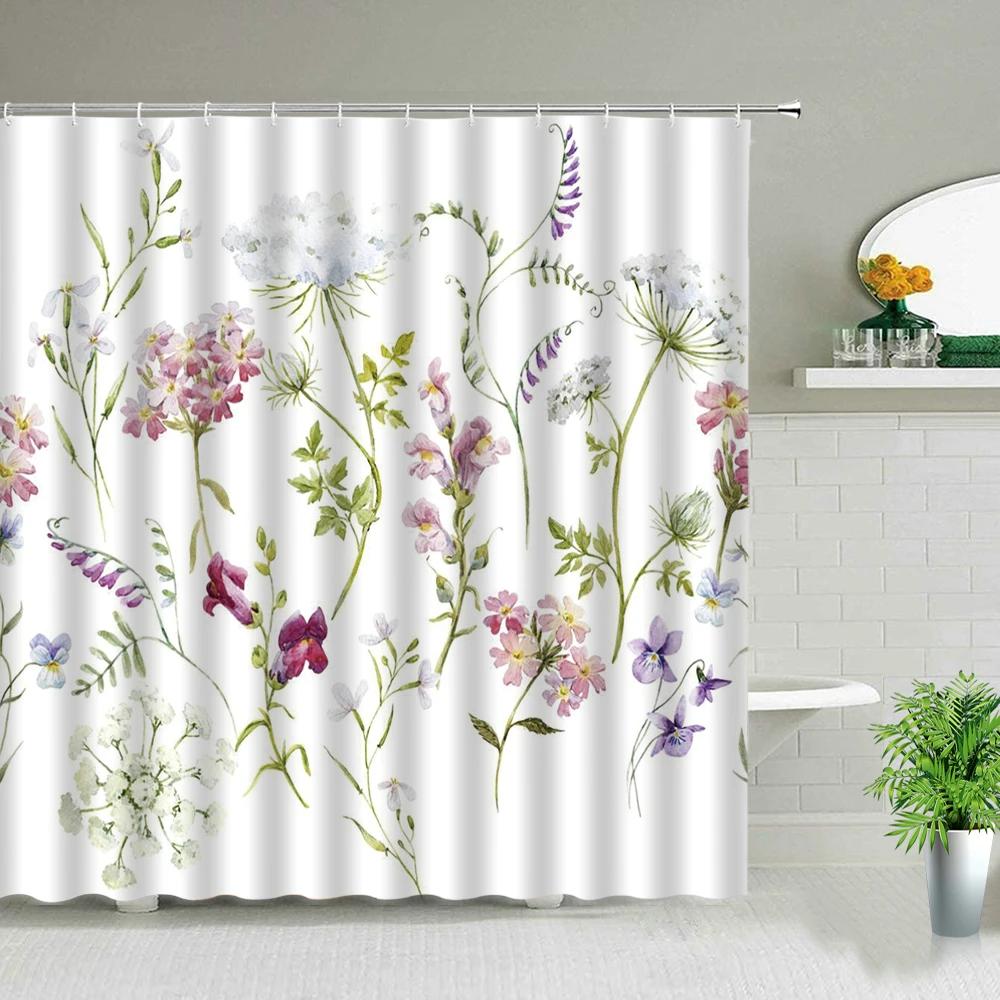 Plant Series Shower Curtains Bathroom Waterproof Polyester Cloth Curtain Set Flowers Print Screens For Bathtub Decor With Hooks