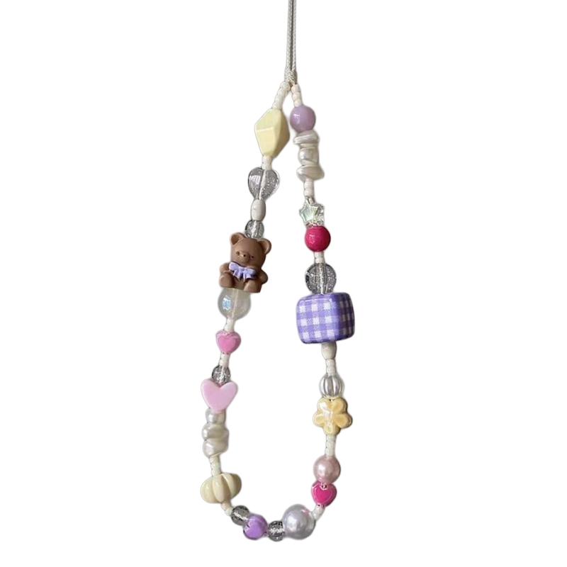 

INS Style Mobile Phone Lanyard Bear Pearl Blue Square Grid Bead Chain for Cute Decoration of Phone Cases Universal Accessories