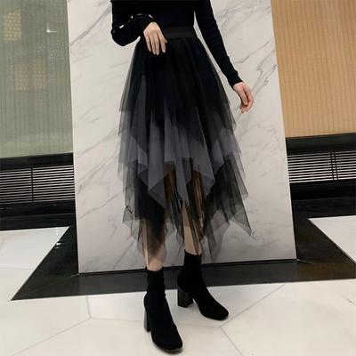 Dámská tylová sukně Y2k nepravidelná plisovaná elastická sukně tutu s vrstvami s vysokým pasem síťovaná midi sukně v áčkové linii Streetwear