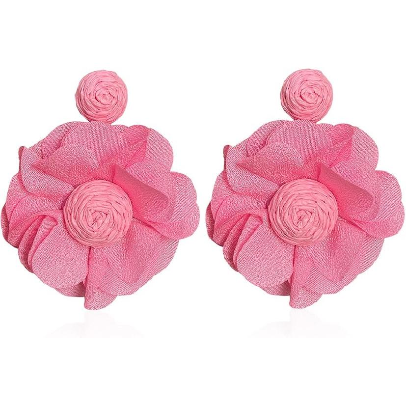 Rattan Earrings Summer Boho Handwoven Big Fabric Chiffon Rattan Flower Drop Earrings Statement Tropical Beach Vacation Jewelry