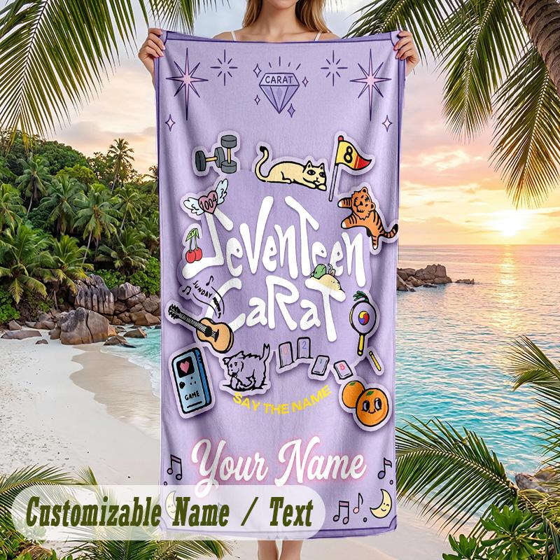 SEVENTEEN Beach Towel, Personalized Custom Name Text, Quick Dry Large Absorbent Towel For Beach Pool