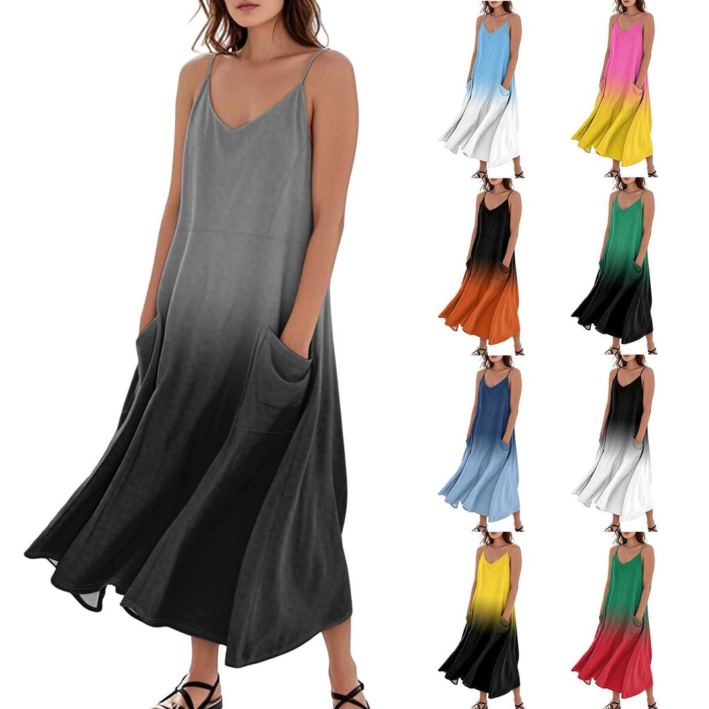 Women's Casual V Neck Gradient Print Sleeveless Pocket Suspender Dress