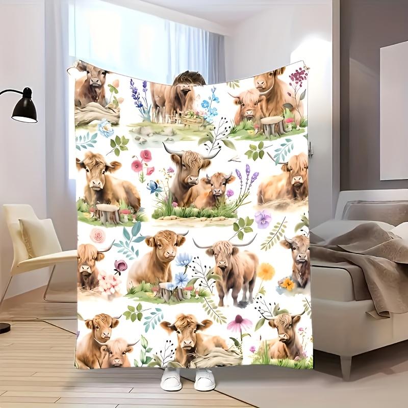 Highland Cattle Wildflowers Flannel Blanket Cozy Rustic Style Tear Resistant All Seasons Machine Washable Living Room Bedroom