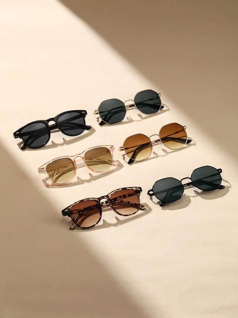 6Pcs Unisex Geometric Plastic&Metal Frame Fashion Sunglasses For Outdoor Hiking Travel