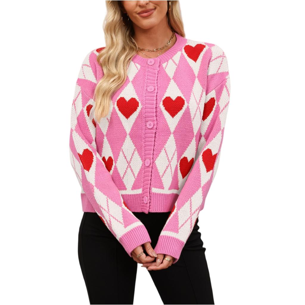 Women's Fashionable Round Neck Long Sleeved Heart-shaped Contrasting Button Casual Sweater Jacket