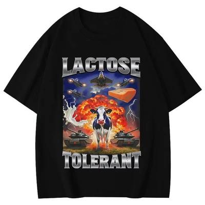 Zabawne koszulki z grafiką memów o krowach Koszulka dla osób z nietolerancją laktozy Modne koszulki vintage Codzienne luźne ubrania uliczne Y2K Top Unisex