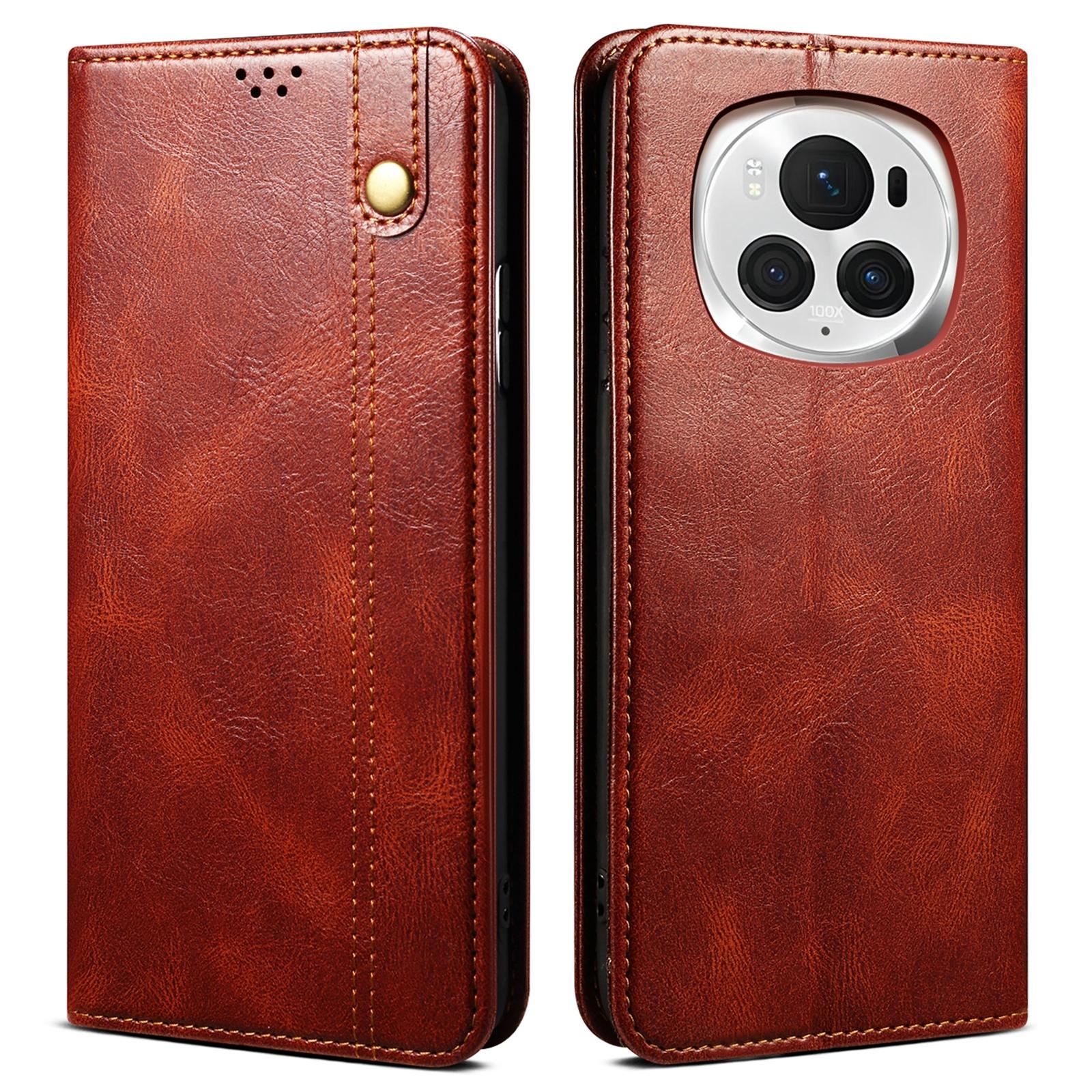 

For Honor Magic6 Pro 5G Leather Case Waxy Crazy Horse Texture Wallet Phone Cover Brown