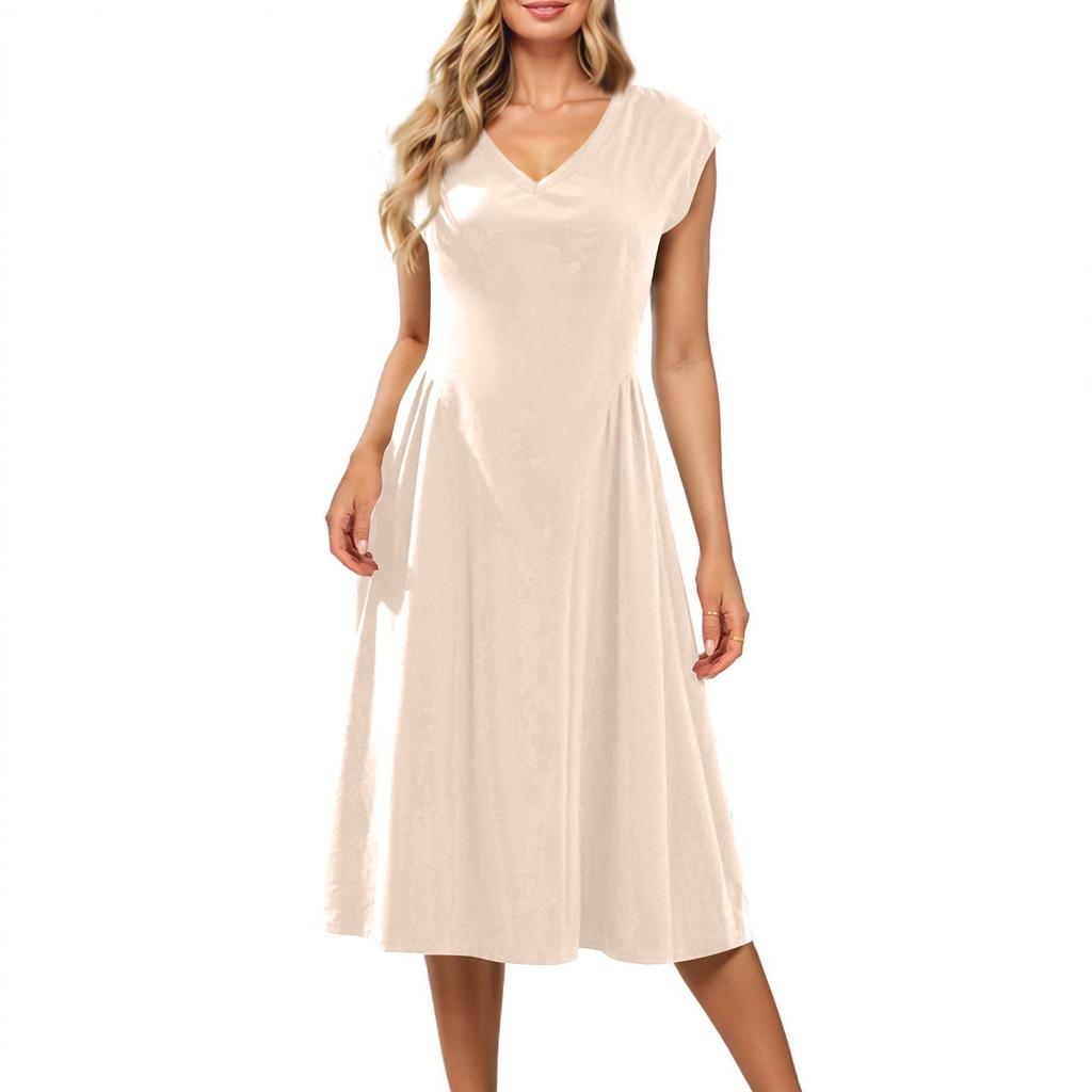 Damklänning med kort ärm, enfärgad, V-ringad, ärmlös, patchwork, plisserad, smal passform