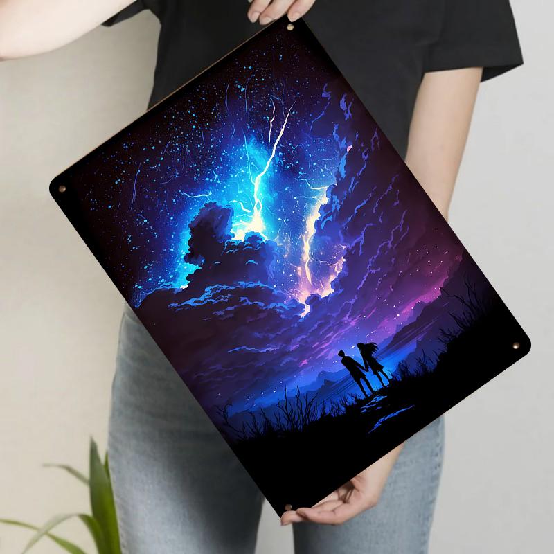 Couple Holding Hands Silhouette Iron Painting Starry Sky Clouds Lightning Home Decor Metal Wall Art 20x30cm(7.8x11.8inch)