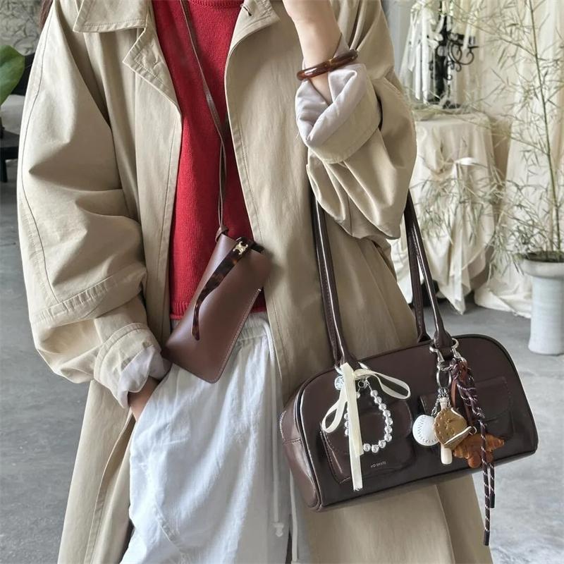 Large Capacity Brown Bowling Handbag Women's Shoulder Bag Retro Korean INS Style Autumn Winter New 2025 Fashion Trend Bag